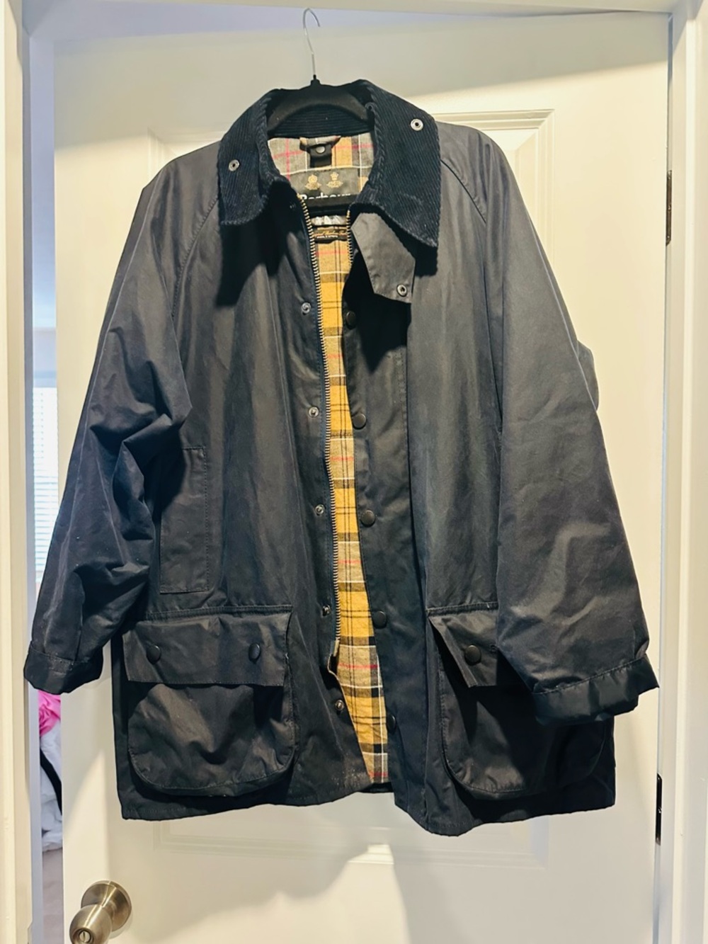 Barbour Navy Waxed Cotton Field Jacket with Yellow Plaid Lining